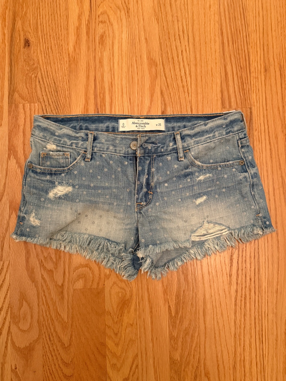 Abercrombie & Fitch Light Blue Distressed Polka Dot Denim Shorts